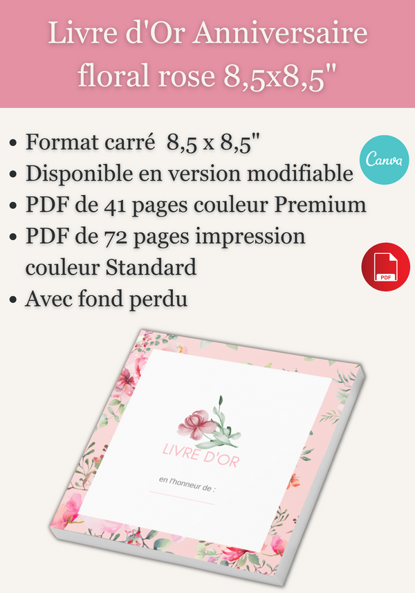 Livre d'Or Anniversaire floral rose 8.5x8.5