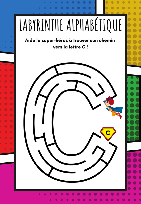 Labyrinthe ABC super héros Majuscules en couleurs 3-5 ans
