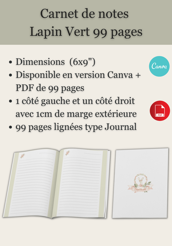 Carnet de Notes Lapin | Vert | 99 pages 6x9 - Kdpfastoche